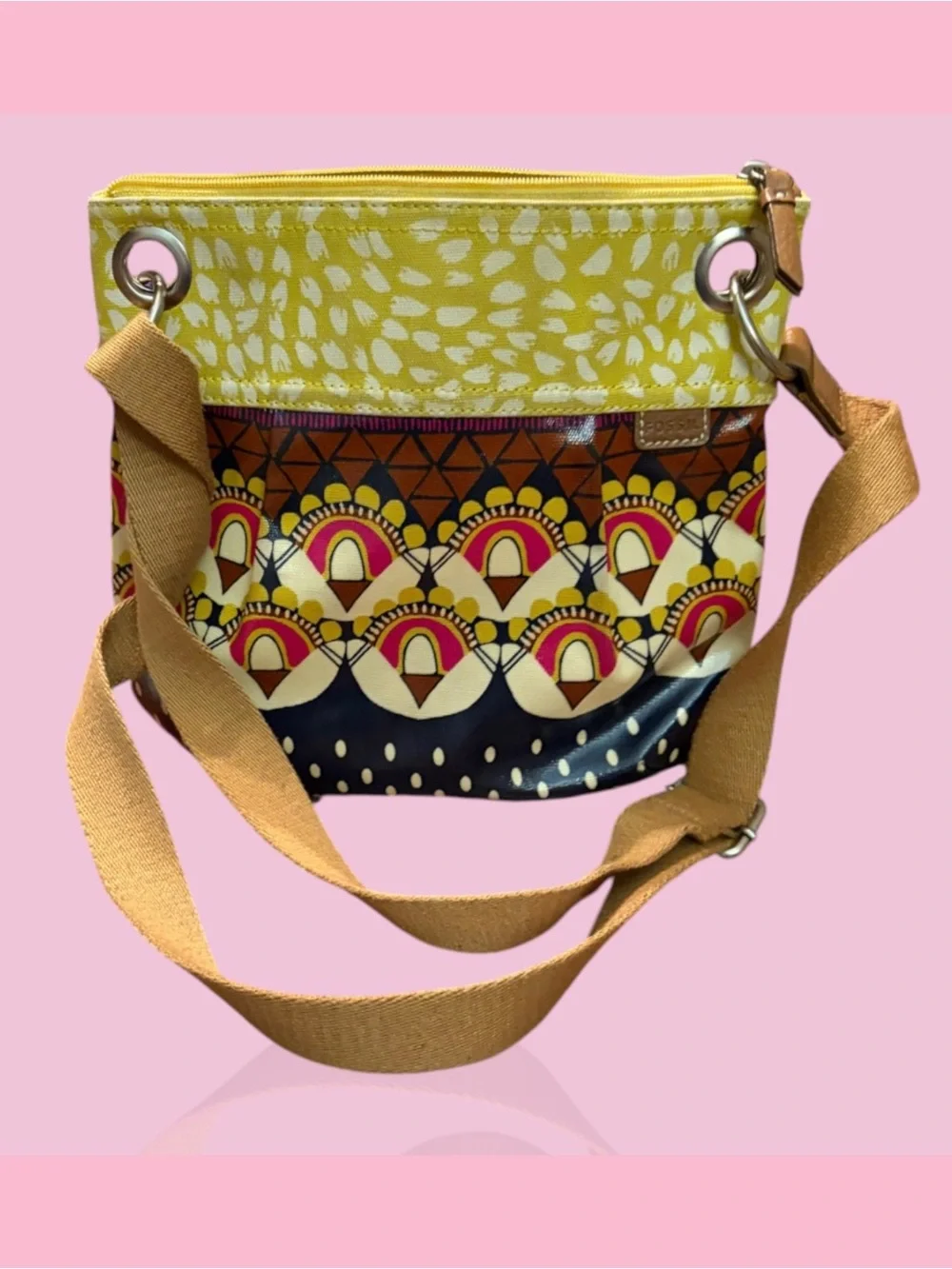 Fossil Yellow Patterned Canvas Hobo with Tan Strap